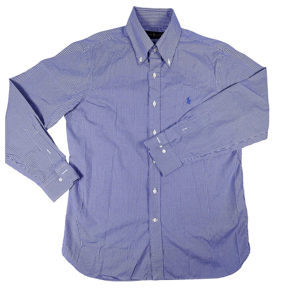 Ralph Lauren Button Down Mens 15.5 32/33 Blue Gingham Easy Care Cotton Shirt‎